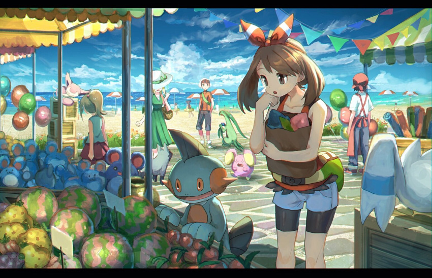 3girls apron bag balloon bare_arms beach beach_umbrella berries bike_shorts blue_sky bow brown_hair creature day denim denim_shorts dog dress green_dress grovyle hair_bow hand_on_own_chin haruka_(pokemon) hat holding holding_bag innertube lady_(pokemon) looking_down marill market marshtomp merchant mouse multiple_boys multiple_girls ocean outdoors pants pippi_(pixiv_1922055) pokemon pokemon_(creature) pokemon_(game) pokemon_breeder_(pokemon) pokemon_oras ponytail poochyena school_kid_(pokemon) shopping shorts skitty sky sleeping stall stone_floor stone_walkway stuffed_toy sun_hat umbrella whismur wingull yuuki_(pokemon)