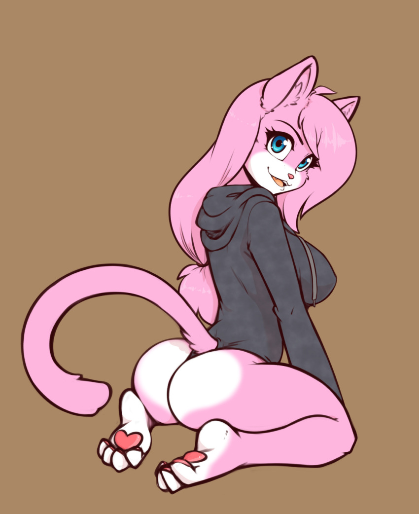 2018 aeris_(vg_cats) anthro blue_eyes butt cat clothing fangs feline female fur hair hindpaw hoodie kneeling long_hair looking_at_viewer mammal open_mouth pawpads paws pink_fur pink_hair pink_nose pink_pawpads scorpdk smile solo sweater teeth vg_cats white_fur