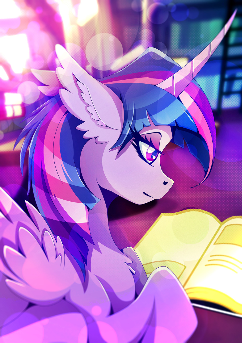 2018 blurred_background book chest_tuft equine eyelashes eyeshadow feathered_wings feathers female feral friendship_is_magic fur hair hi_res hooves horn inner_ear_fluff inside ladder library makeup mammal mascara multicolored_hair my_little_pony nude portrait purple_eyes purple_feathers rariedash reading solo studying tuft twilight_sparkle_(mlp) winged_unicorn wings