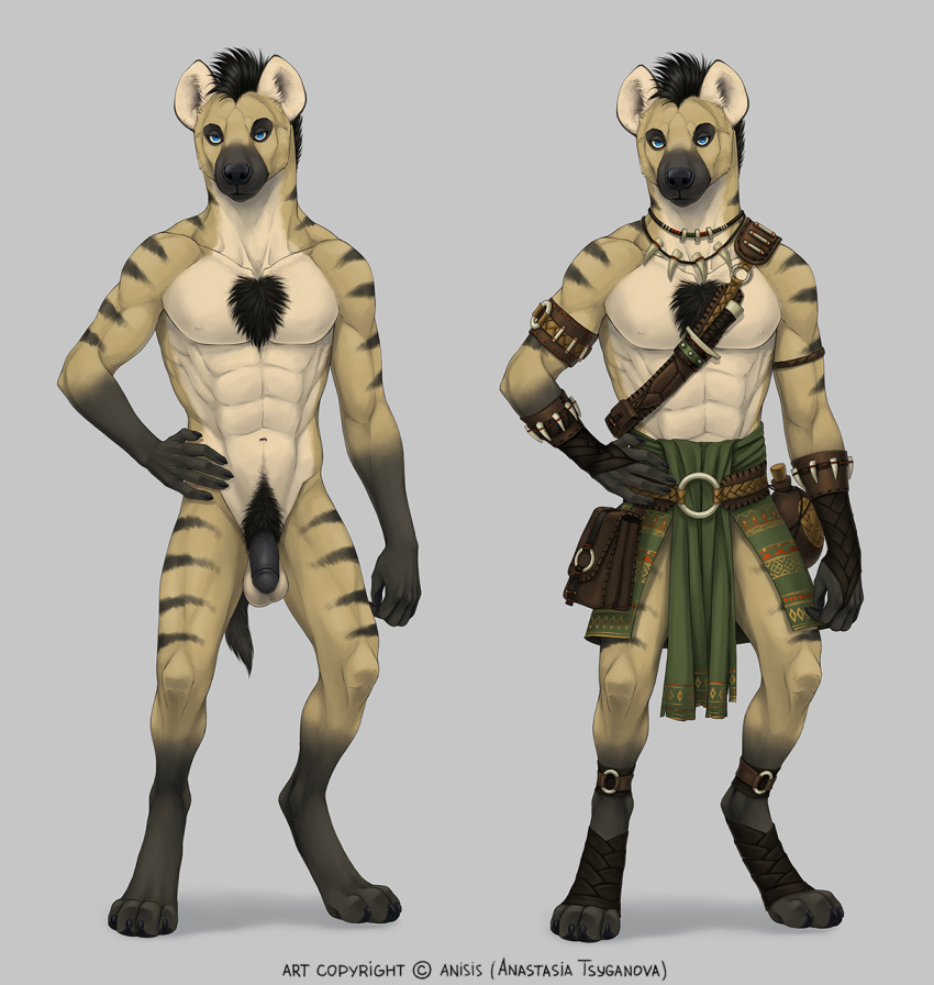 2018 5_fingers abs anisis anthro balls barefoot black_nose blue_eyes clothed clothing digital_media_(artwork) digitigrade hi_res hyena male mammal model_sheet multiple_versions muscular muscular_male navel nude penis solo standing