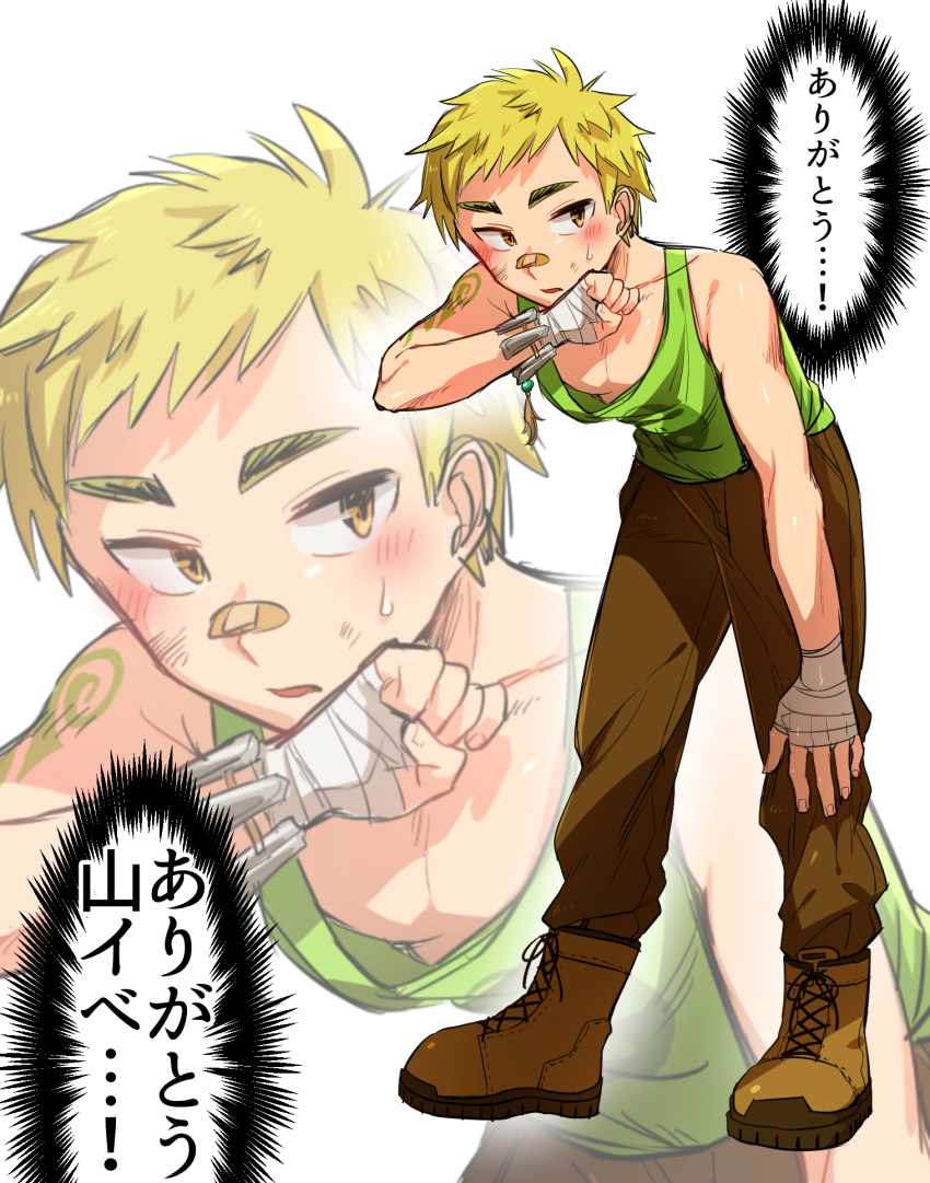 bandaid bandaid_on_nose bent_over blonde_hair boots brown_pants downblouse green_shirt hand_wraps highres looking_at_viewer male_focus ooki_ikutoshi pants shirt shuutai_maru sketch solo sweat tank_top tattoo thought_bubble tokyo_houkago_summoners yellow_eyes zoom_layer