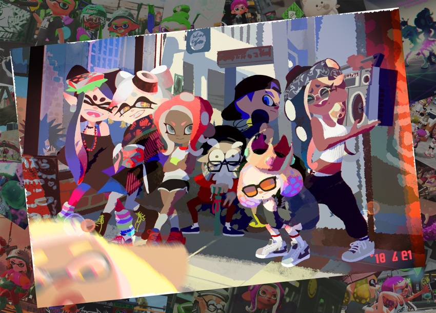 6+girls aori_(splatoon) beard boombox casual commander_atarime commentary_request dark_skin daunii_(splatoon) everyone facial_hair fangs highres hime_(splatoon) hood hoodie hotaru_(splatoon) iida_(splatoon) inkling inoue_seita looking_at_viewer midriff motion_blur multiple_boys multiple_girls navel octoling official_art pantyhose pointy_ears short_shorts shorts smile splatoon_(series) splatoon_1 splatoon_2 splatoon_2:_octo_expansion squatting squidbeak_splatoon sunglasses tentacle_hair walking_stick