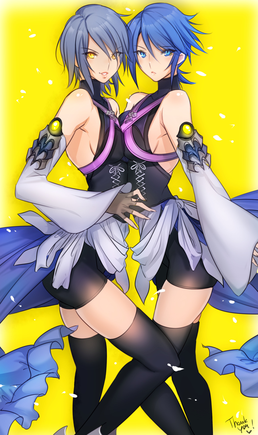 aqua_(kingdom_hearts) bare_shoulders bike_shorts black_legwear blue_eyes blue_hair breast_press breasts corruption corset dark_persona detached_sleeves dual_persona fingerless_gloves gloves grey_hair highres kingdom_hearts kingdom_hearts_birth_by_sleep kingdom_hearts_iii medium_breasts multiple_girls short_hair sideboob sleeveless sleeveless_turtleneck spoilers symmetrical_docking thighhighs turtleneck tusia yellow_background yellow_eyes