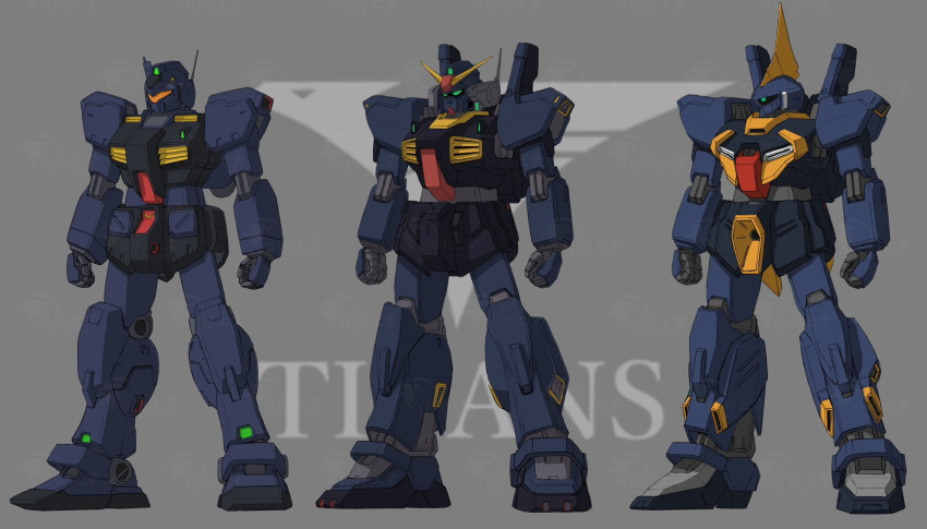 arms_at_sides assault_visor barzam clenched_hands commentary_request full_body gm_quel green_eyes grey_background gundam gundam_mk_ii highres hiwa_industry mecha mecha_focus mobile_suit no_humans one-eyed orange_visor radio_antenna robot science_fiction thrusters titans_(gundam) v-fin watermark zeta_gundam