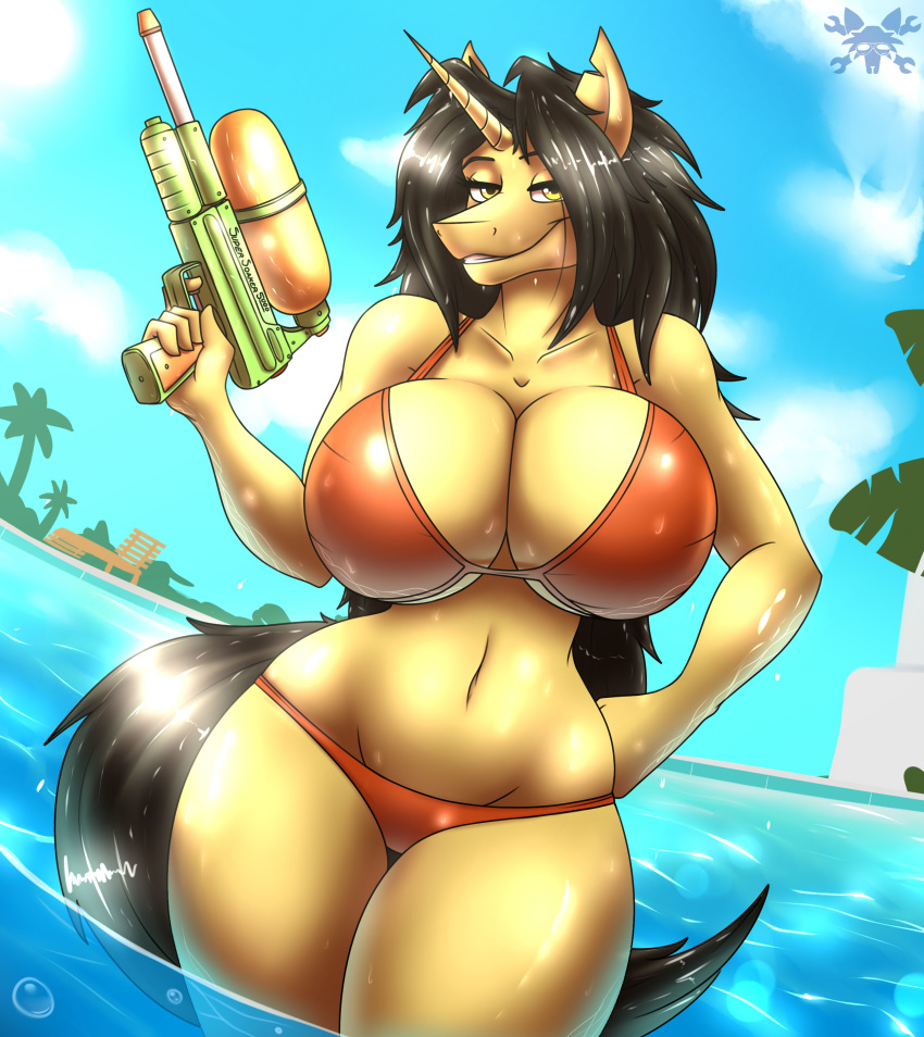 2018 amber_eyes amber_steel anthro big_breasts bikini black_hair breasts cleavage clothed clothing equine female hair horn looking_at_viewer mammal metalfoxxx nipple_bulge pool_(disambiguation) solo swimsuit unicorn water water_gun water_pistol wet wide_hips