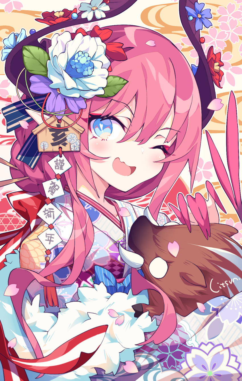 1girl ;d animal bangs blue_eyes blue_flower boar bow chinese_zodiac commentary curled_horns dragon_horns elizabeth_bathory_(fate) elizabeth_bathory_(fate)_(all) ema english_commentary eyebrows_visible_through_hair fang fate/extra fate/extra_ccc fate_(series) floral_print flower hair_between_eyes hair_flower hair_ornament happy_new_year head_tilt heart heart-shaped_pupils highres horns japanese_clothes kimono litsvn long_hair nengajou new_year one_eye_closed open_mouth pink_hair print_kimono purple_flower red_bow red_flower sidelocks smile solo striped striped_bow symbol-shaped_pupils upper_body white_flower year_of_the_pig