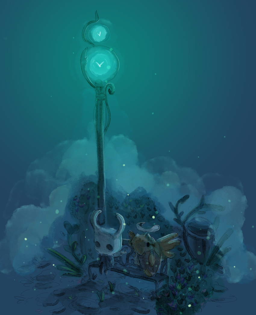blue blue_background bug cloak gen_3_pokemon halo highres hollow_eyes hollow_knight insect knight_(hollow_knight) lamppost no_humans plant pokemon pokemon_(creature) shedinja sitting traceysketchit trait_connection vines wings