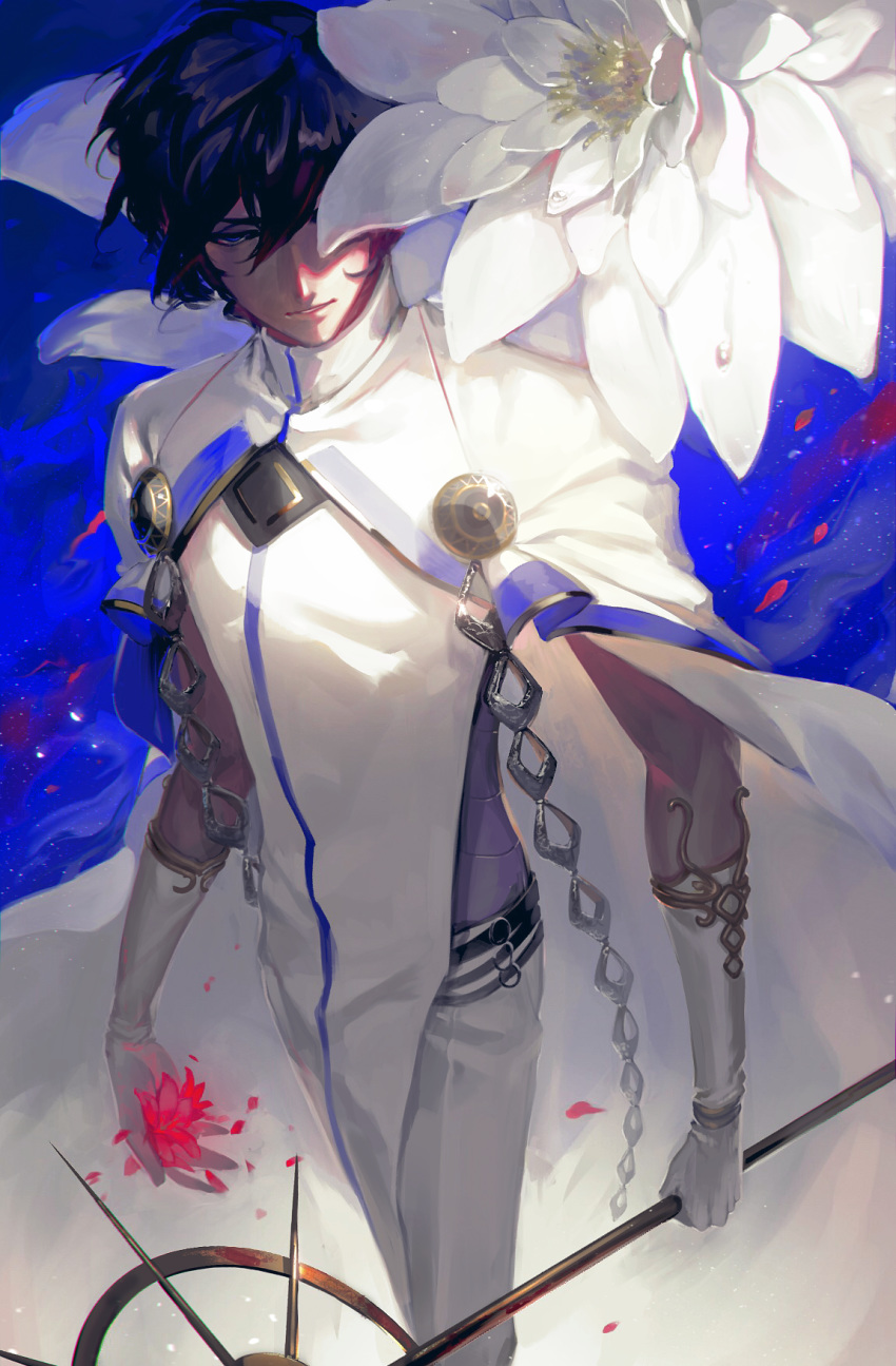 1boy arjuna_(fate/grand_order) black_hair blue blue_eyes cape chains dark_skin dark_skinned_male dew_drop dutch_angle egawa_akira elbow_gloves energy fate/grand_order fate_(series) flower glint gloves hair_between_eyes half-closed_eye high_collar highres holding holding_spear holding_weapon light_particles lips one_eye_covered pants parted_lips perspective petals polearm red_flower smoke spear tabard water_drop weapon white_cape white_flower white_gloves white_pants