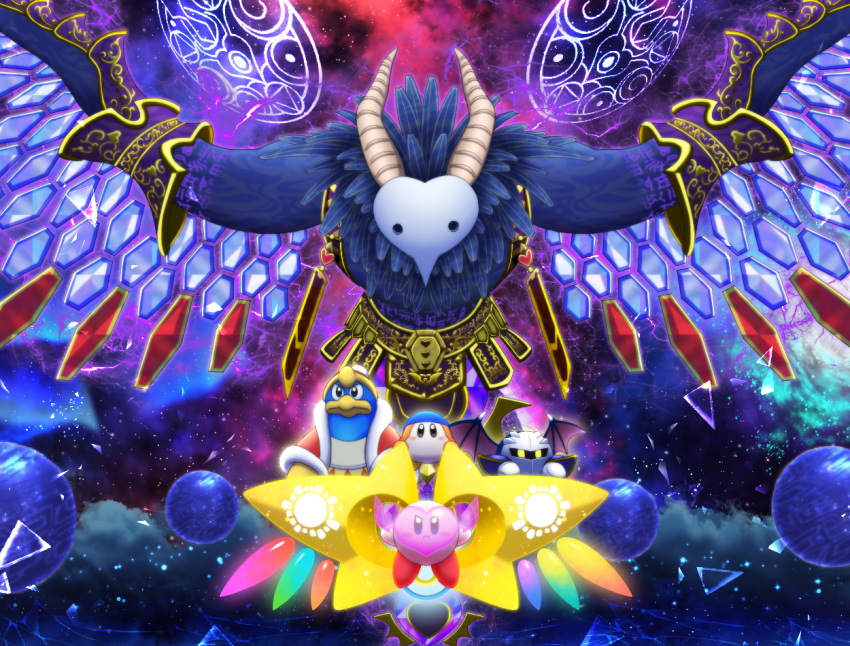 aura bandana_waddle_dee bat_wings commentary_request flying heart horns king_dedede kirby kirby:_star_allies kirby_(series) magic_circle maiko_(mimi) meta_knight no_humans planet runes space sphere spoilers star void_termina wings