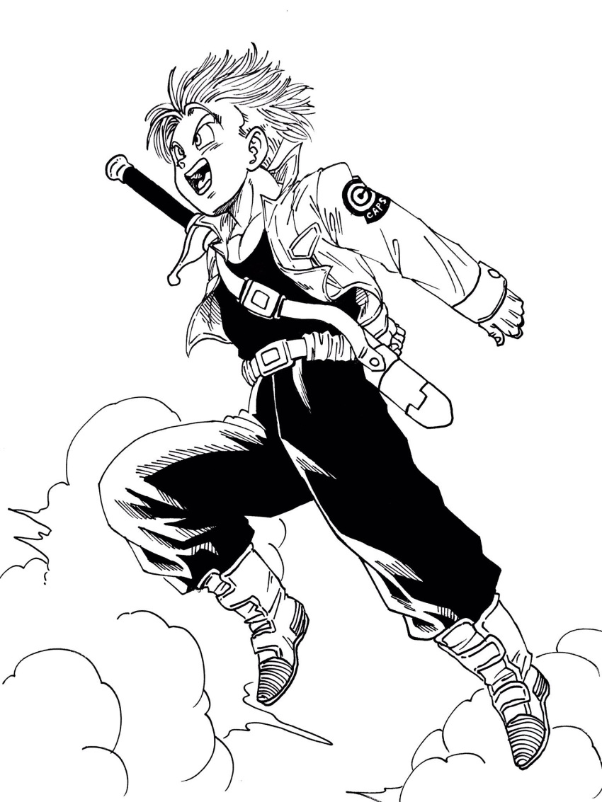 :d boots capsule_corp cloud cloudy_sky commentary dragon_ball dragon_ball_z floating_hair full_body greyscale happy highres jacket jumping lee_(dragon_garou) looking_away male_focus monochrome open_mouth pants parody short_hair simple_background sky smile solo sword toki_wo_kakeru_shoujo trunks_(dragon_ball) weapon white_background