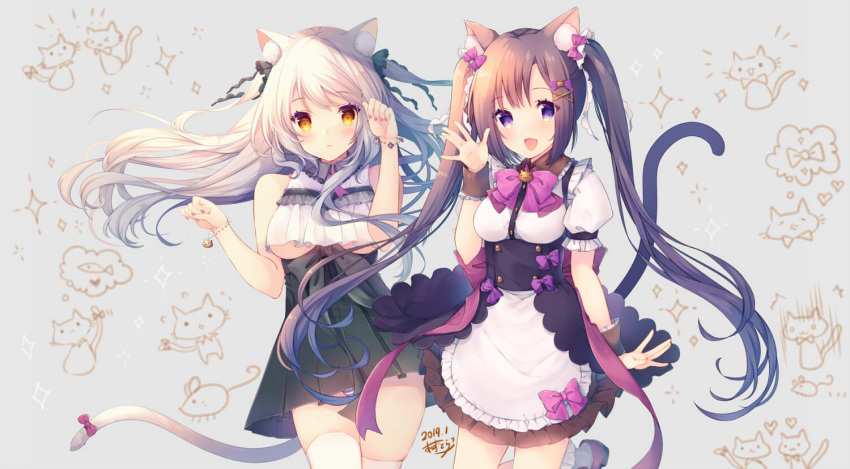 2girls animal_ear_fluff animal_ears apron azu_torako banned_artist bare_arms bare_shoulders black_dress bobby_socks bow breasts brown_eyes brown_hair brown_skirt cat_ears cat_girl cat_tail commentary_request dress frilled_apron frills long_hair medium_breasts multiple_girls original puffy_short_sleeves puffy_sleeves purple_eyes shirt short_sleeves silver_hair skirt socks tail tail_bow tail_raised thighhighs twintails underboob very_long_hair waist_apron white_apron white_legwear white_shirt wrist_cuffs