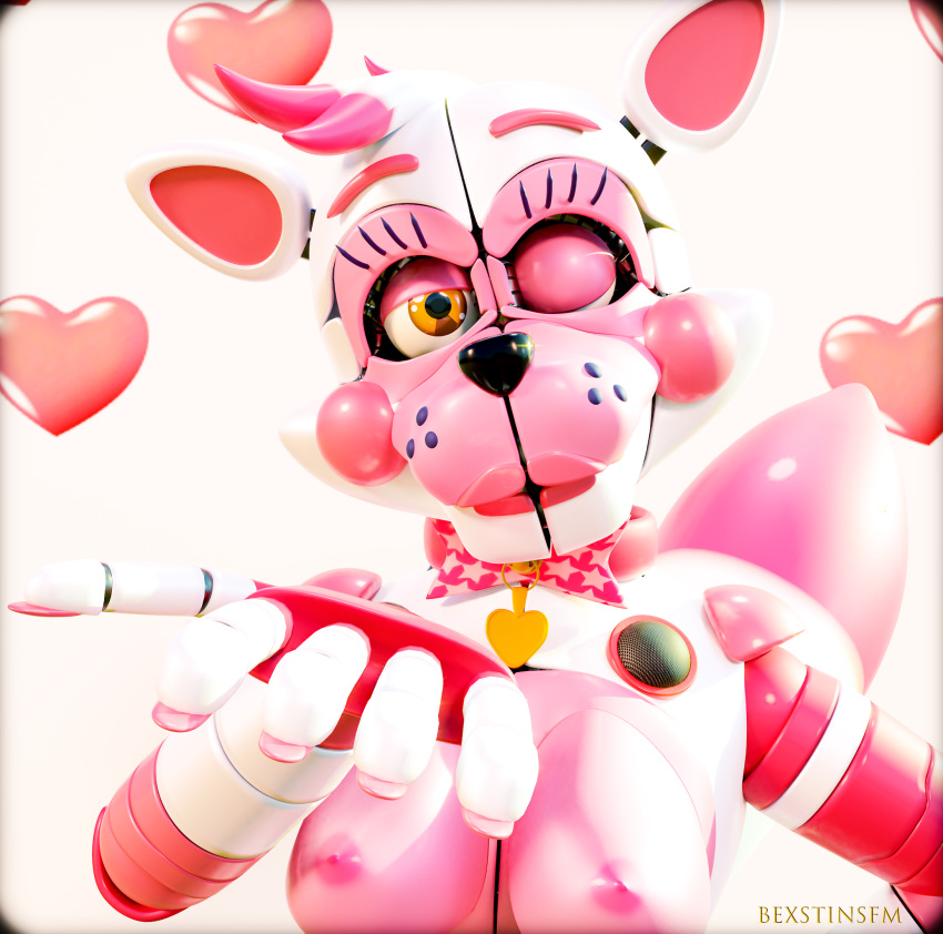 &lt;3 3d_(artwork) animatronic anthro bexstinsfm big_breasts blowing_a_kiss breasts canine crossgender digital_media_(artwork) female five_nights_at_freddy's fox funtime_foxy_(fnafsl) hair looking_at_viewer machine mammal nipples nude one_eye_closed robot simple_background sister_location smile solo video_games wink