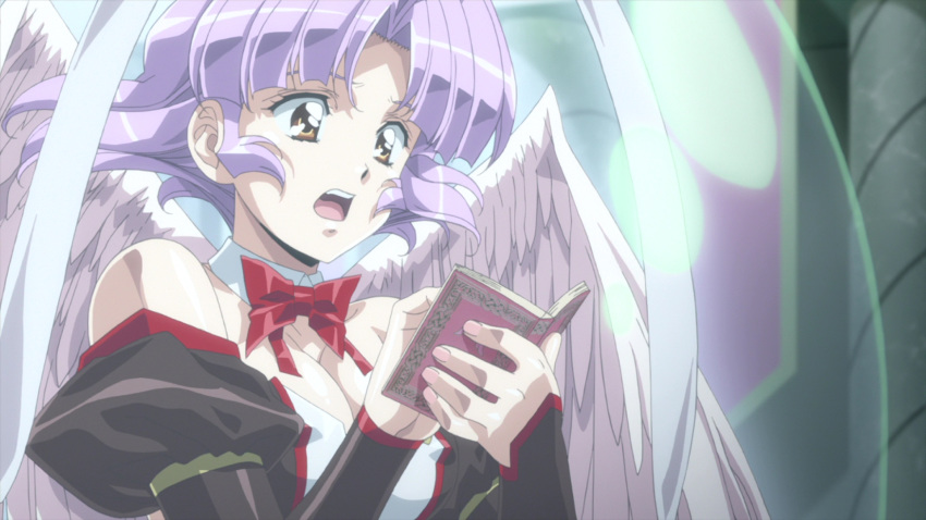 1girl angel angel_wings animal_ears book breasts brown_eyes bunny_ears cleavage kyuel purple_hair queen's_blade queen's_blade_grimoire urushihara_satoshi wings