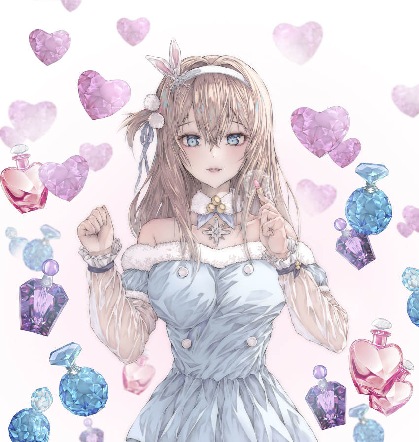 absurdres bad_id bad_pixiv_id bangs bare_shoulders blue_dress blue_eyes blue_neckwear blue_ribbon bottle breasts brown_hair bunny_hair_ornament collarbone commentary detached_collar dress eyebrows_visible_through_hair fingernails fur-trimmed_dress gem girls_frontline hair_between_eyes hair_intakes hair_ornament hair_ribbon hairband hand_up heart highres holding_lipstick light_particles lipstick lipstick_tube long_hair long_sleeves looking_at_viewer makeup medium_breasts myless open_mouth perfume_bottle pink_lipstick pom_pom_(clothes) ribbon round_teeth sidelocks smile solo strapless strapless_dress suomi_kp31_(girls_frontline) teeth upper_body upper_teeth white_background white_hairband