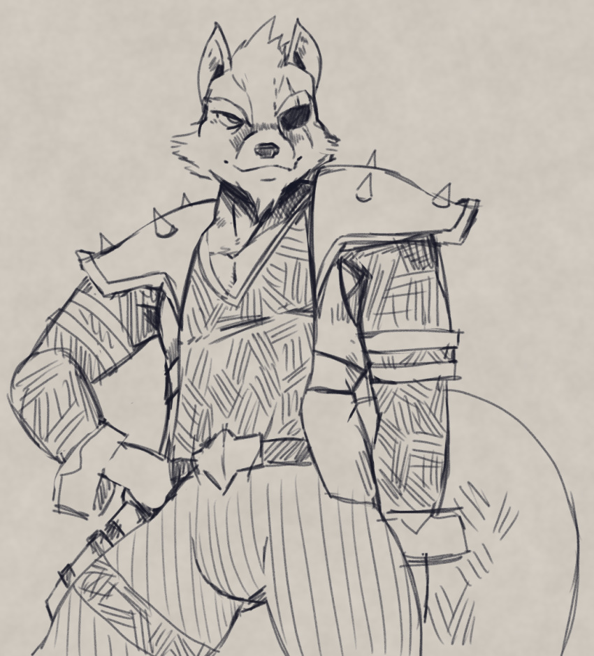 anthro armor canine clothed clothing eye_patch eyewear latchk3y male mammal monochrome nintendo scar simple_background sketch solo standing star_fox video_games wolf wolf_o'donnell