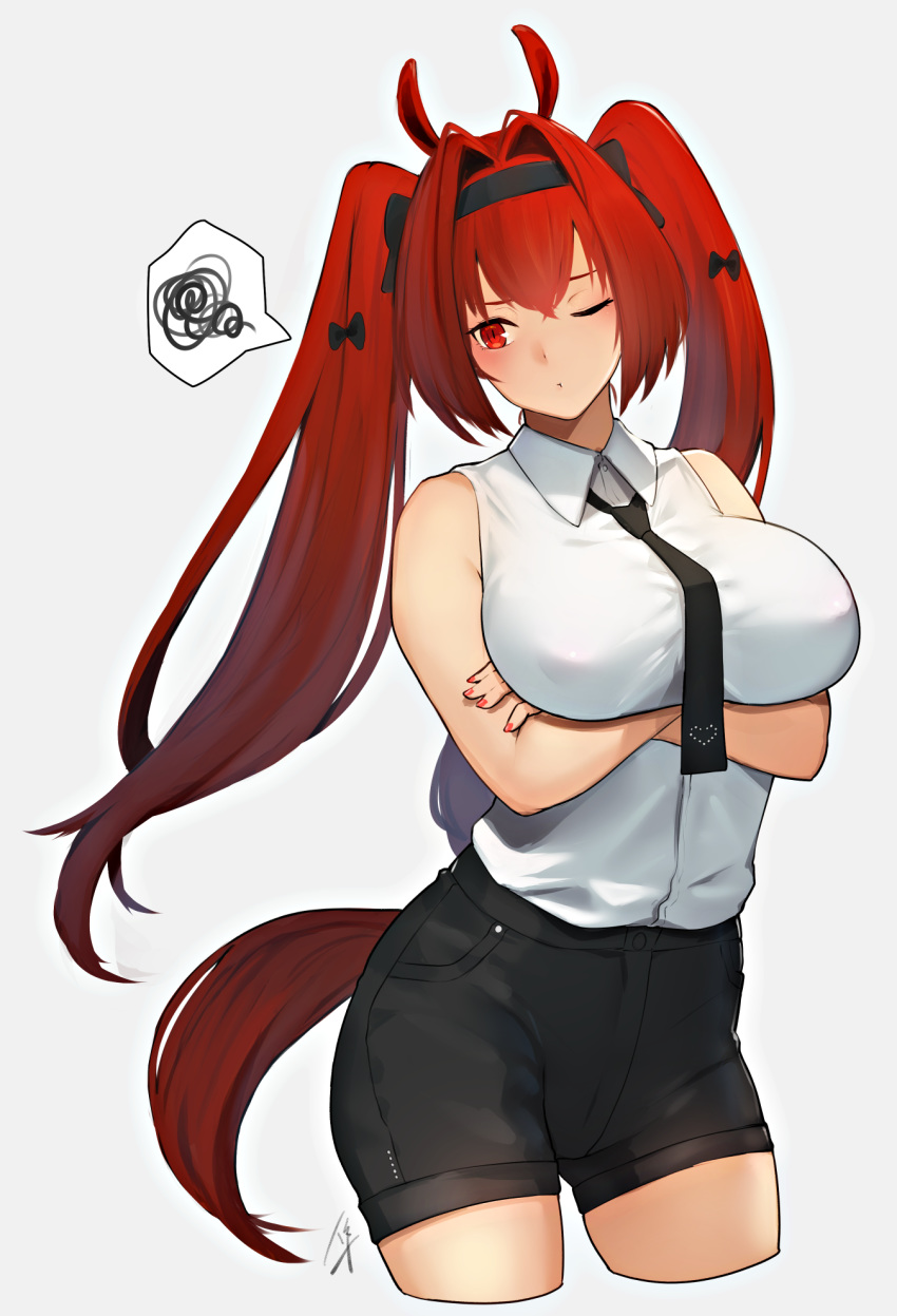 animal_ears arms_under_breasts black_neckwear black_shorts blush breast_hold breasts collared_shirt commentary_request covered_nipples cowboy_shot crossed_arms daiwa_scarlet grey_background hair_ribbon hayabusa highres horse_ears large_breasts long_hair looking_to_the_side nail_polish necktie one_eye_closed pink_nails red_eyes red_hair ribbon shirt short_shorts shorts simple_background sleeveless sleeveless_shirt solo tail twintails umamusume white_shirt