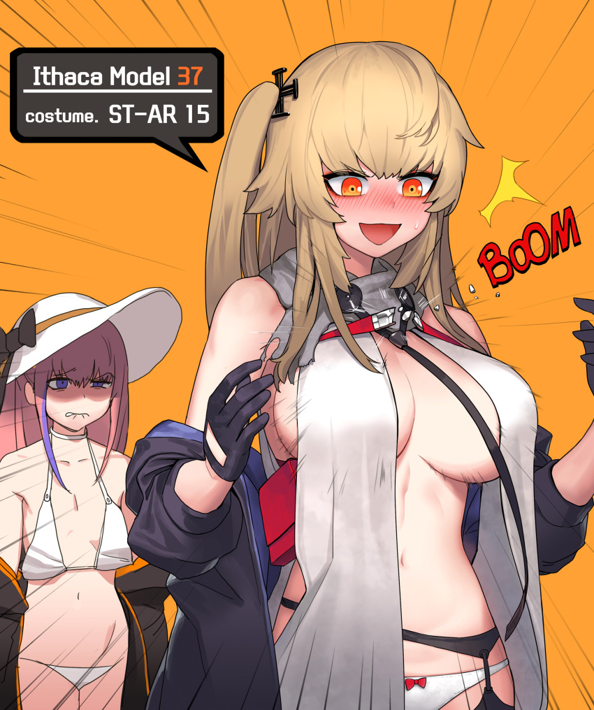 :d alternate_costume angry bangs bikini biting black_legwear black_neckwear blue_eyes blush bow bow_panties breast_envy breasts brown_hair cain_(gunnermul) character_name cleavage collarbone commentary cosplay costume_switch dress embarrassed eyebrows_visible_through_hair flat_chest garter_belt garter_straps girls_frontline gloves hair_between_eyes hair_ornament half-closed_eye hat highres ithaca_m37_(girls_frontline) ithaca_m37_(girls_frontline)_(copslay) jacket katou_emiri large_breasts lip_biting long_hair looking_at_another looking_at_breasts loose_bikini multicolored_hair multiple_girls navel necktie no_bra off_shoulder one_side_up open_clothes open_jacket open_mouth orange_background orange_eyes panties pink_hair pouch scarf seiyuu_connection shaded_face side_ponytail sidelocks simple_background smile sparkle st_ar-15_(girls_frontline) st_ar-15_(girls_frontline)_(cosplay) stomach streaked_hair sun_hat swimsuit thighhighs thighs torn_clothes torn_dress underwear very_long_hair white_bikini white_panties yellow_eyes