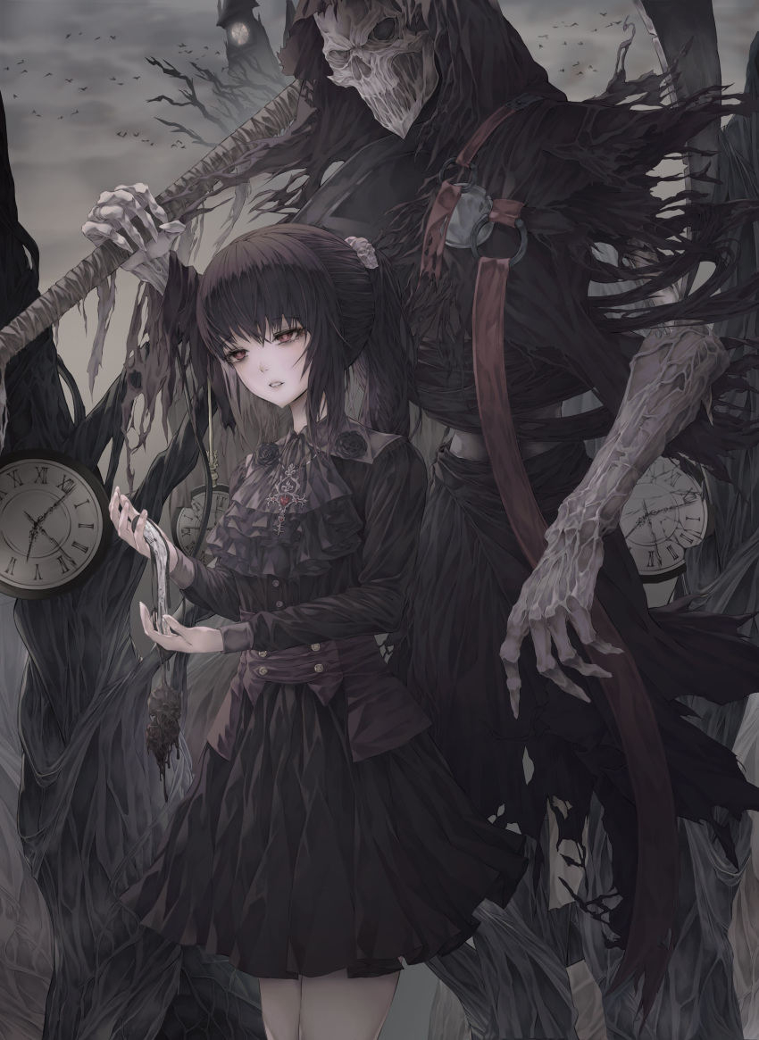absurdres analog_clock bad_id bad_pixiv_id bags_under_eyes bangs bare_tree bird black black_dress black_flower black_hair black_rose bone clock cloud cloudy_sky commentary_request death_(entity) dress expressionless eyebrows_visible_through_hair flower gem gothic_lolita grey_sky grim_reaper hair_between_eyes hair_ornament half-closed_eyes highres holding holding_scythe hood hood_up jewelry legs_together lolita_fashion long_hair long_sleeves looking_away myless necklace o-ring original outdoors pale_skin parted_lips ponytail red_eyes roman_numerals rose scythe short_dress sidelocks skull sky standing torn_clothes tree wind