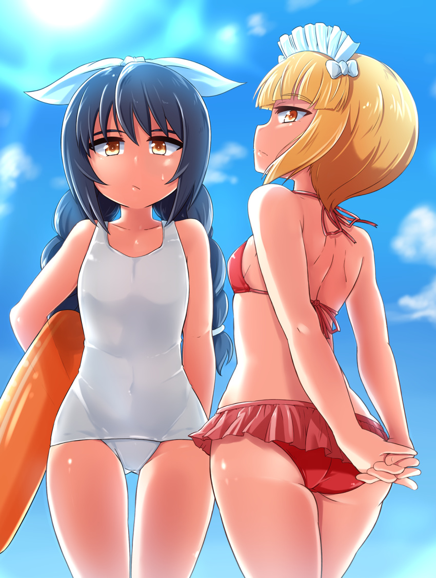 alternate_hairstyle arms_behind_back ass back bangs bikini black_hair blonde_hair blunt_bangs braid brown_eyes closed_mouth commentary covered_navel cutlass_(girls_und_panzer) day eyebrows_visible_through_hair frilled_bikini frills from_behind frown girls_und_panzer hair_ribbon hair_tie highres holding innertube interlocked_fingers kitayama_miuki long_hair looking_at_viewer looking_back maid_headdress multiple_girls one-piece_swimsuit outdoors red_bikini reizei_mako ribbon school_swimsuit short_hair standing sweatdrop swimsuit thigh_gap twin_braids white_ribbon white_school_swimsuit white_swimsuit yellow_eyes