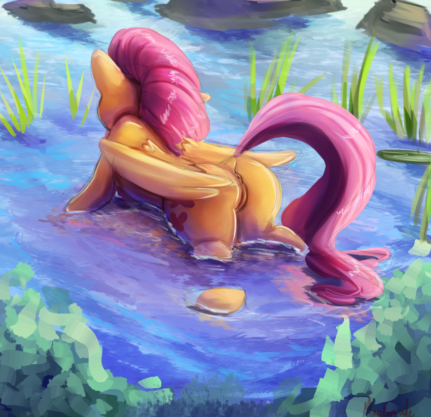 2018 absurd_res anus butt cutie_mark equine feathered_wings feathers female feral fluttershy_(mlp) friendship_is_magic hair hi_res mammal miokomata my_little_pony outside partially_submerged pegasus pussy solo wings
