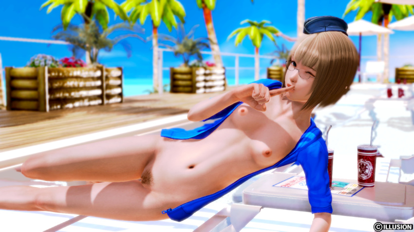 1girl 3d blonde_hair breasts bun_cover double_bun female honey_select illusion_soft looking_at_viewer navel nipples nude outdoors pubic_hair short_hair small_breasts solo