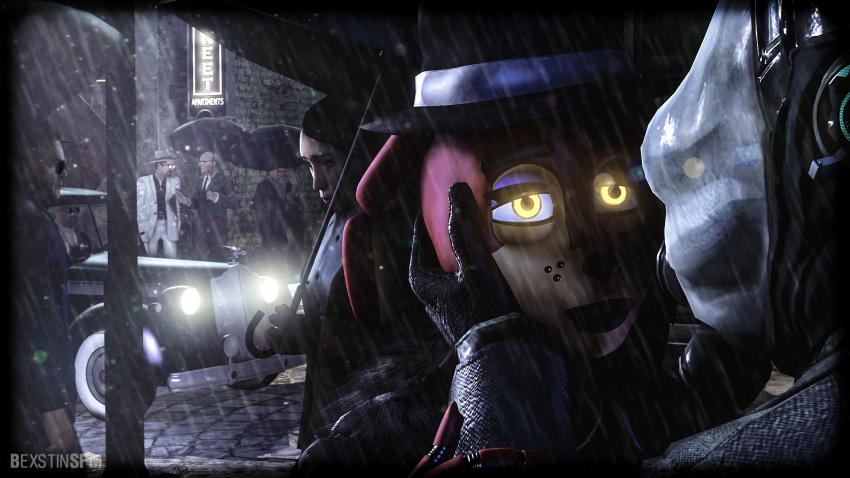 3d_(artwork) animatronic anthro bexstinsfm building car city clothing detailed_background digital_media_(artwork) eyewear fan_character female five_nights_at_freddy's group hair hand_on_face hat isabel_(bexstinsfm) lagomorph machine male mammal monochrome noir outside rabbit raining robot source_filmmaker street vehicle video_games