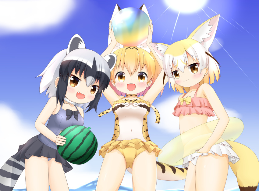 :d adapted_costume animal_ear_fluff animal_ears ball bare_arms bare_shoulders beachball black_hair blonde_hair blue_sky blush breasts brown_eyes casual_one-piece_swimsuit commentary common_raccoon_(kemono_friends) covered_navel day fang fennec_(kemono_friends) food fox_ears fox_girl fox_tail fruit highres holding holding_ball holding_food holding_fruit innertube kemono_friends looking_at_viewer medium_breasts multicolored_hair multiple_girls navel one-piece_swimsuit open_mouth outdoors pink_bikini_top purple_swimsuit raccoon_ears raccoon_girl raccoon_tail serval_(kemono_friends) serval_ears serval_print serval_tail shin01571 silver_hair sky small_breasts smile standing sun swimsuit tail transparent two-tone_hair watermelon white_bikini_bottom white_hair white_swimsuit yellow_innertube