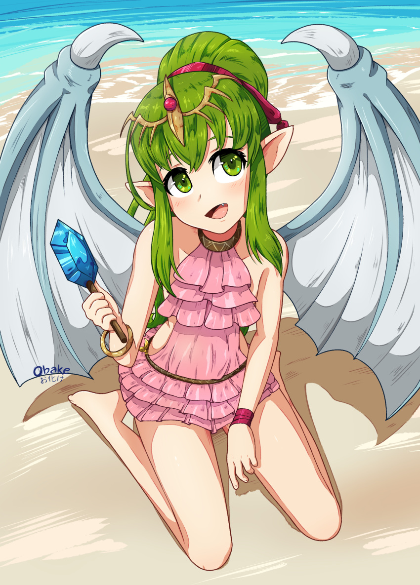 artist_name beach bracelet chiki commentary day dragon_wings fang fire_emblem fire_emblem:_monshou_no_nazo fire_emblem_heroes food green_eyes green_hair hair_ribbon highres jewelry long_hair mamkute obakeart open_mouth pink_swimsuit pointy_ears ponytail popsicle red_ribbon ribbon sitting solo swimsuit tiara water wings wristband