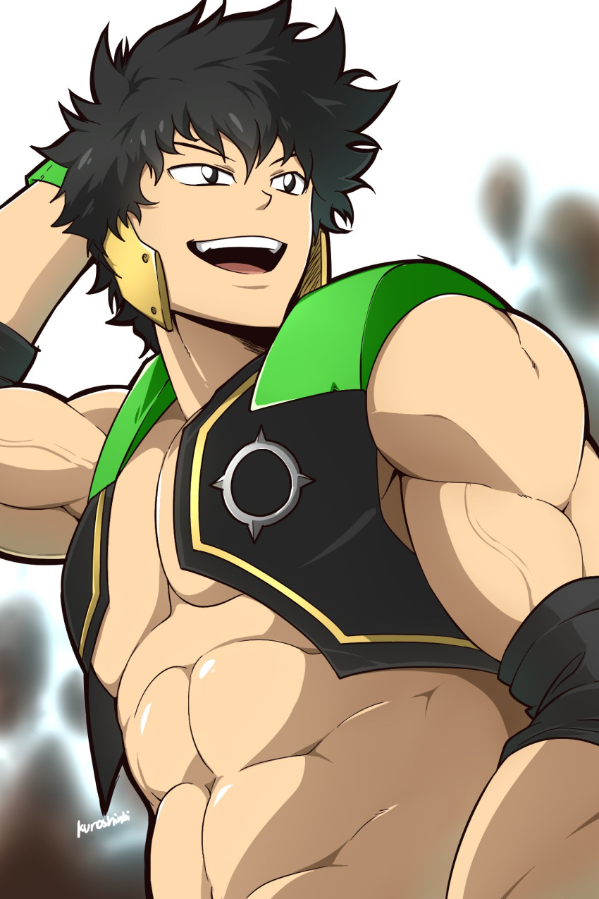 :d abs biceps black_eyes black_hair blurry boku_no_hero_academia cropped_vest depth_of_field elbow_pads highres kuroshinki looking_to_the_side male_focus muscle navel open_mouth shindou_you signature simple_background smile solo upper_body veins