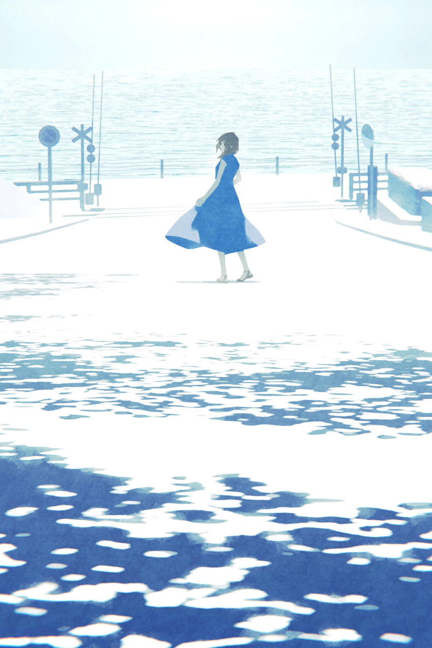 1girl absurdres backlighting blue blue_dress brown_eyes brown_hair dappled_sunlight dress from_behind highres horizon looking_back medium_hair namito ocean original railroad_crossing railroad_tracks road sandals scenery sky sleeveless sleeveless_dress solo street sunlight texture water