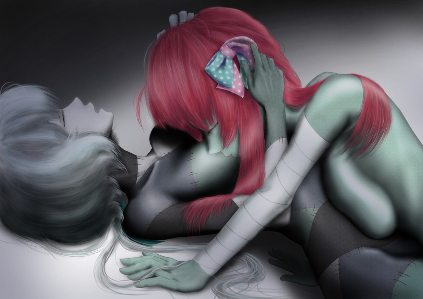 2girls bandage bandaged_arm bandages bow breasts eyes_closed from_side green_skin hair_bow hands_on_another's_head highres kansoku_rei konno_junko large_breasts long_hair lying minamoto_sakura multicolored multicolored_skin multiple_girls nude on_back open_mouth polka_dot polka_dot_bow profile red_hair silver_hair yuri zombie zombie_land_saga