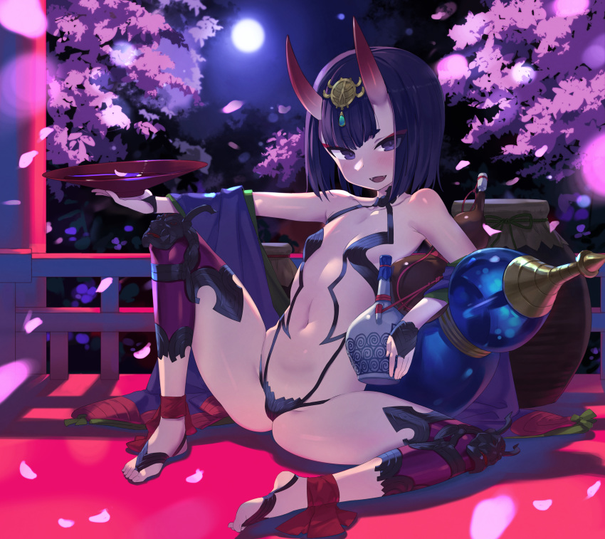 :d ankle_ribbon arm_up ass barefoot barefoot_sandals black_gloves breasts bridal_gauntlets cherry_blossoms circlet commentary cup eyebrows_visible_through_hair eyeliner fangs fate/grand_order fate_(series) fingerless_gloves full_moon gloves gourd groin highres horns japanese_clothes kylin looking_at_viewer makeup moon navel night oni_horns open_mouth outdoors petals purple_eyes purple_hair revealing_clothes ribbon sakazuki short_hair shuten_douji_(fate/grand_order) small_breasts smile solo spread_legs thighhighs