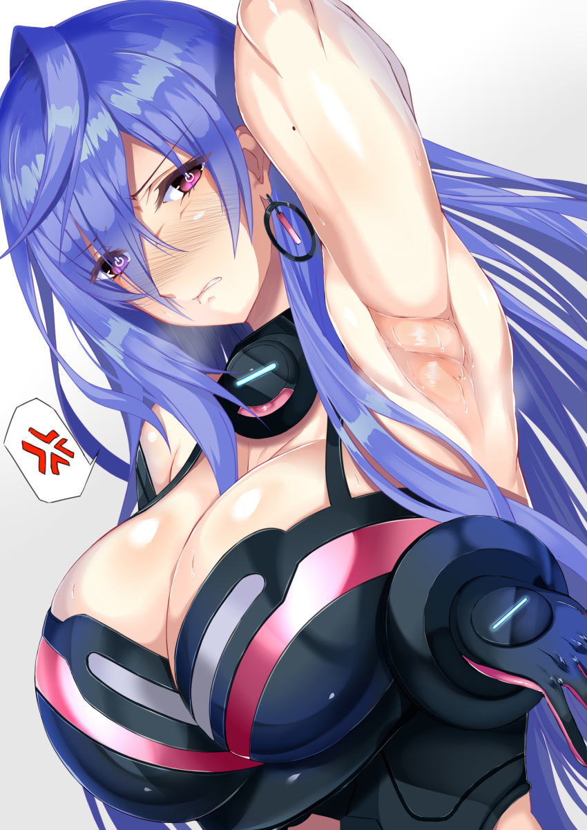 1girl absurdres armpits blue_hair breasts choujigen_game_neptune highres huge_breasts ill iris_heart kami_jigen_game_neptune_v looking_at_viewer neptune_(series) pururut red_eyes smell solo sweat symbol-shaped_pupils