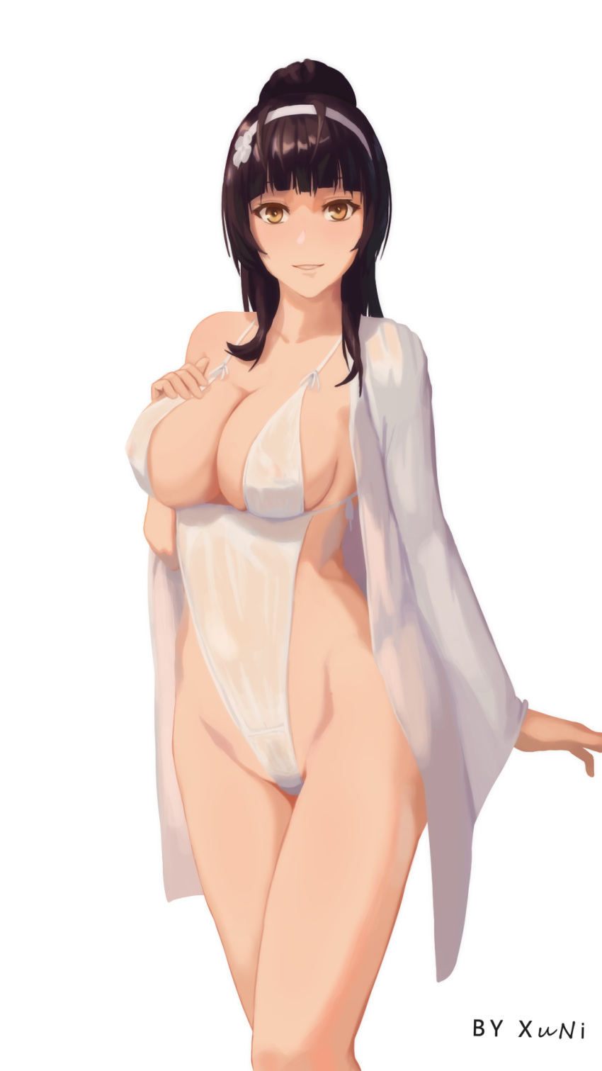alternate_costume alternate_hairstyle artist_name bangs black_hair blush breasts cape cleavage collarbone commentary_request covered_nipples flower girls_frontline groin hair_flower hair_ornament hairband hand_on_own_breast highres large_breasts long_hair looking_at_viewer one-piece_swimsuit parted_lips ponytail qbz-95_(girls_frontline) sidelocks simple_background smile solo swimsuit thighs very_long_hair wet wet_clothes wet_swimsuit white_background white_hairband white_swimsuit xu_ni yellow_eyes