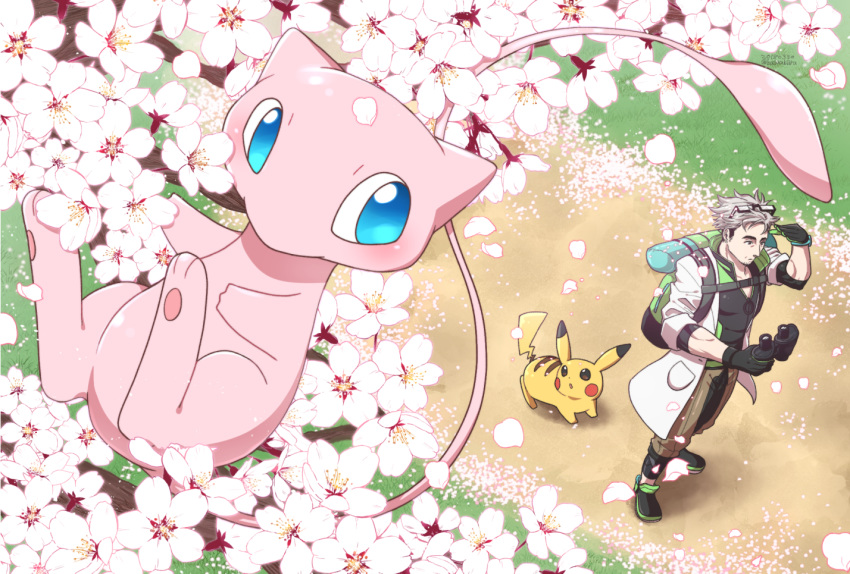 backpack binoculars black_hair blue_eyes cherry_blossom clothed clothing eyewear fur hair human legendary_pok&eacute;mon mammal mew nintendo pikachu pink_fur plant pok&eacute;mon pok&eacute;mon_(species) pok&eacute;mon_go professor_willow red_cheeks video_games white_hair yellow_fur