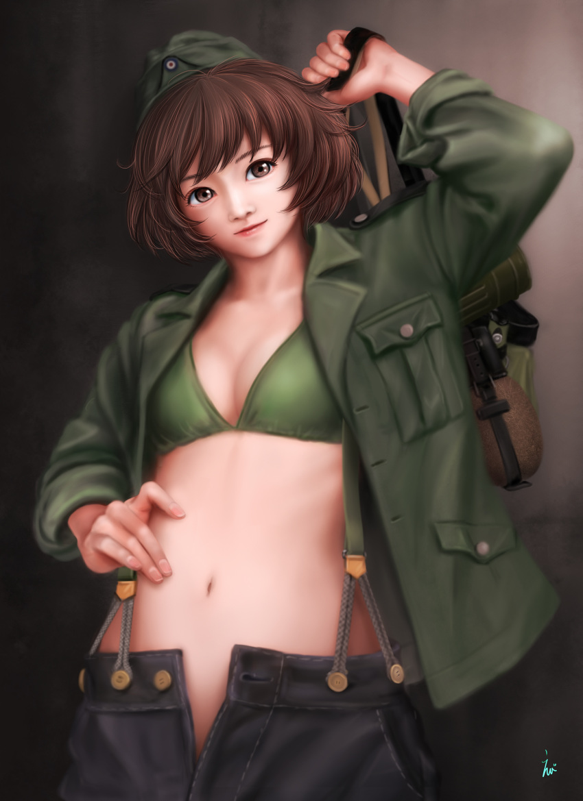 akiyama_yukari arm_up bag bikini_top breasts brown_eyes brown_hair commentary_request ebi_(eeotoko) eyelashes flask girls_und_panzer green_bikini_top hand_on_hip hat highres jacket lips looking_at_viewer military_hat military_jacket navel open_clothes open_jacket short_hair small_breasts solo stomach suspenders swimsuit swimsuit_under_clothes unbuttoned