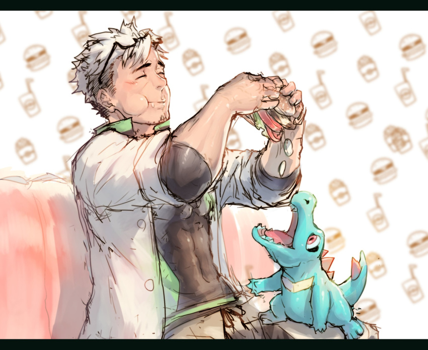 ambiguous_gender better_version_at_source black_hair blue_skin burger clothed clothing crocodilian drooling eating eyewear feral food hair human male mammal nintendo pattern_background pok&eacute;mon pok&eacute;mon_(species) pok&eacute;mon_go professor_willow red_eyes reptile saliva scalie simple_background totodile video_games white_hair