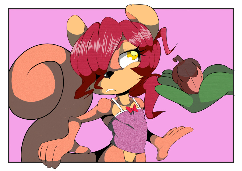 black_nose brown_fur clothed clothing duo female flat_chested fur hair mammal mysterious_character pantygremlin red_hair rodent shy skimpy squirrel yellow_eyes