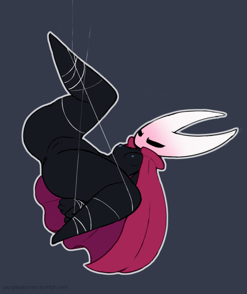 anus bdsm black_eyes blush bondage bound breasts cloak clothing dark_skin embarrassed female hands_behind_back high-angle_view hollow_knight hollow_knight_(species) hornet_(hollow_knight) nipples nude purplealacran pussy solo suspension thick_thighs