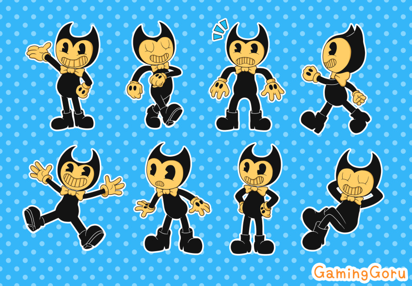 2018 bendy bendy_and_the_ink_machine black_and_yellow black_body boots bow_tie chilling clothing cute demon footwear gaminggoru grin humanoid male monochrome not_furry shocked signature smile standing teeth toony walking