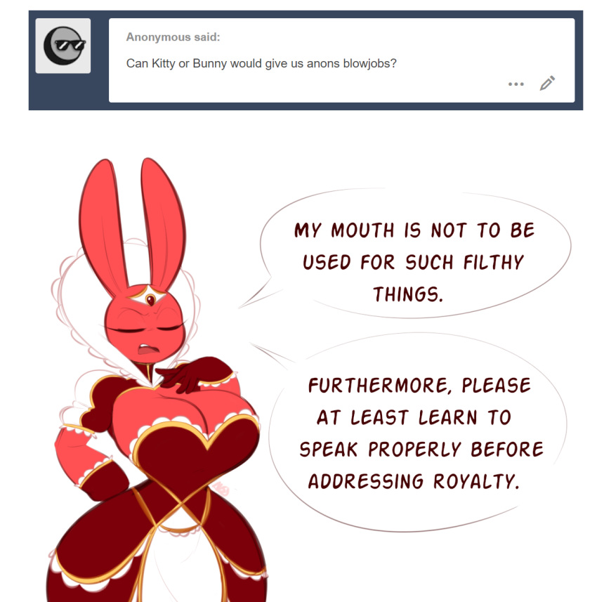2018 averyshadydolphin big_breasts breasts bunny_(averyshadydolphin) cleavage clothed clothing female fur lagomorph mammal pink_fur queen rabbit royalty simple_background solo speech_bubble text thick_thighs white_background wide_hips
