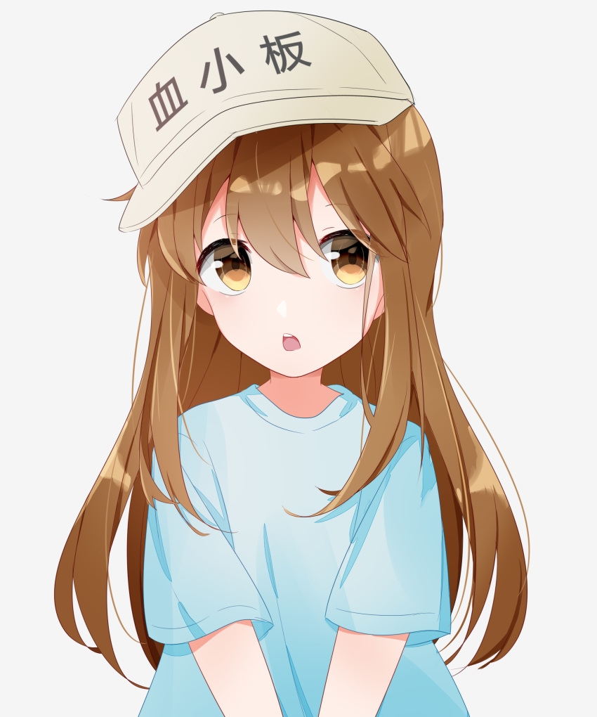 1girl bangs blue_shirt brown_eyes brown_hair female flat_cap hat hataraku_saibou long_hair platelet_(hataraku_saibou) shirt solo t-shirt white_hat white_headwear