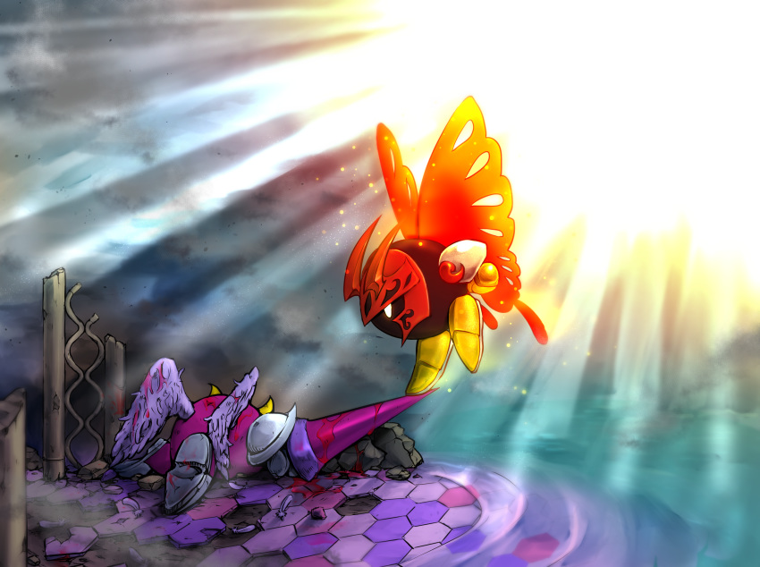 angel_wings blood bug butterfly butterfly_wings commentary_request galacta_knight highres horns injury insect kirby:_star_allies kirby_(series) lance light morpho_knight multiple_boys no_humans polearm reironsenzai ruins shoulder_pads spoilers sword weapon white_eyes wings
