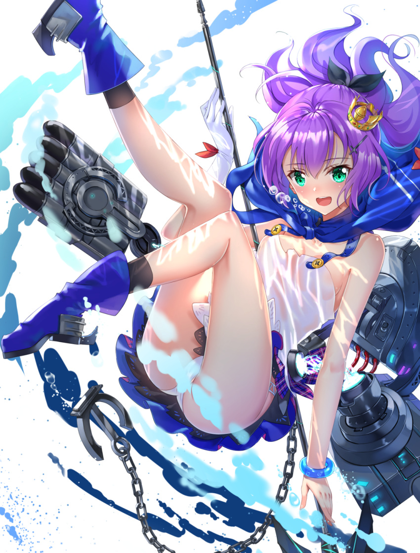 :d air_bubble anchor arm_up ass azur_lane bangs bare_shoulders black_legwear black_ribbon boots breasts bubble camisole chain commentary_request crown eyebrows_visible_through_hair gloves green_eyes hair_between_eyes hair_ribbon highres javelin javelin_(azur_lane) legs_up looking_at_viewer machinery medium_breasts mini_crown open_mouth panties plaid plaid_skirt pleated_skirt ponytail purple_footwear purple_hair purple_skirt ribbon see-through single_glove skirt smile socks solo swordsouls tilted_headwear torpedo underwater underwear wet wet_clothes white_camisole white_gloves white_panties