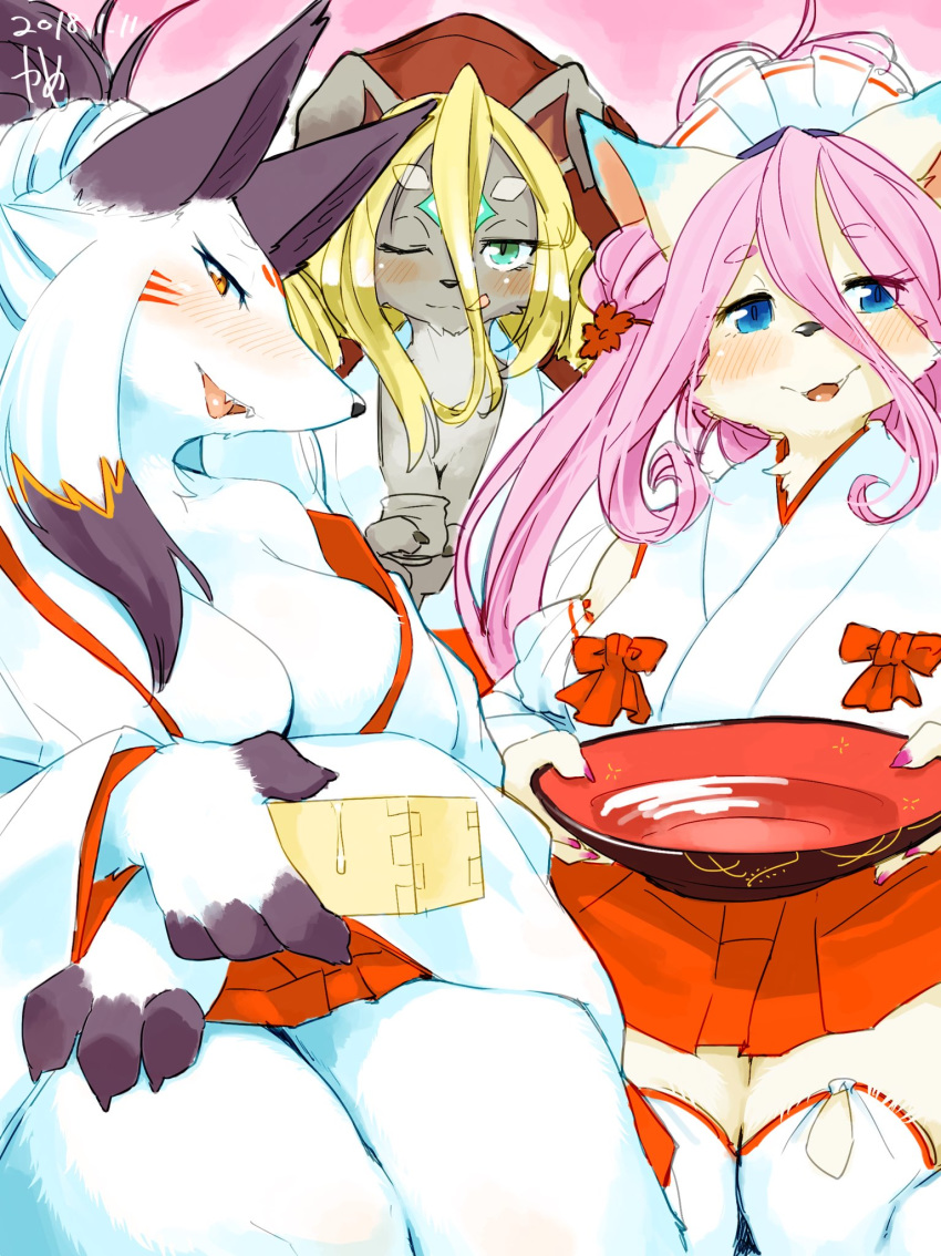 anthro blonde_hair blue_eyes breasts canine cleavage clothed clothing daji_(full_bokko_heroes_x) daji_(fullbokko_heroes) feline female fur grey_fur group hair japanese_clothing kemono kimono looking_at_viewer mammal one_eye_closed open_mouth pink_hair red_eyes skirt smile tongue tongue_out white_fur white_hair やめ