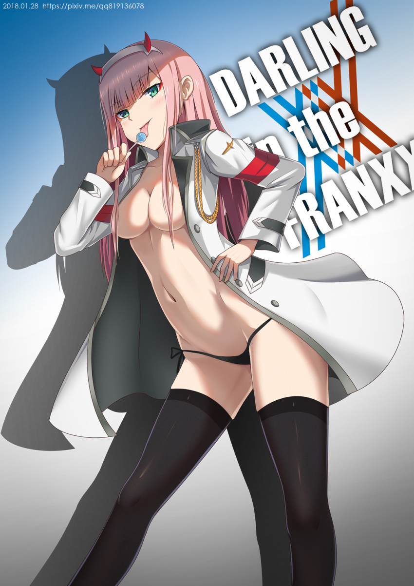 bangs black_legwear black_panties blunt_bangs breasts cleavage collarbone copyright_name darling_in_the_franxx eyebrows_visible_through_hair gradient gradient_background green_eyes grey_cape grey_hairband groin hair_censor hair_over_breasts hairband highres holding_lollipop horns licking long_hair medium_breasts navel ookuma_(qq) panties pink_hair shiny shiny_clothes side-tie_panties solo standing thighhighs tongue tongue_out underwear zero_two_(darling_in_the_franxx)