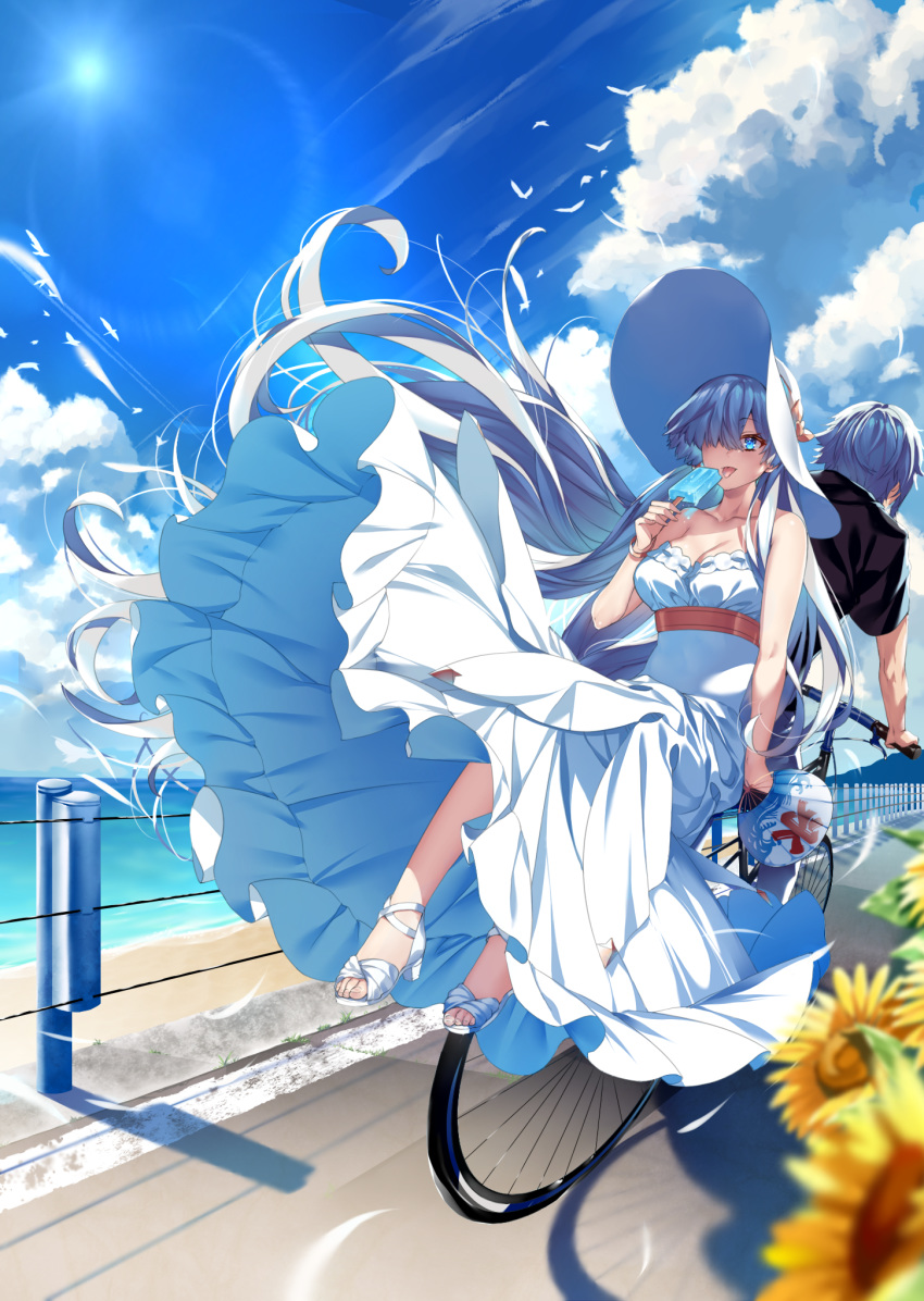 1girl anastasia_(fate/grand_order) back-to-back bangle bangs bare_arms bare_shoulders beach bicycle black_shirt blue_eyes blue_sky blurry blurry_foreground bracelet breasts cleavage cloud cloudy_sky collarbone commentary day depth_of_field dress eyebrows_visible_through_hair fan fate/grand_order fate_(series) fingernails flower food ground_vehicle hair_over_one_eye hamada_pochiwo high_heels highres holding holding_fan holding_food horizon jewelry kadoc_zemlupus long_hair medium_breasts multiple_riders ocean outdoors paper_fan popsicle sand sandals shirt short_sleeves silver_hair sky strapless strapless_dress sunflower tongue tongue_out very_long_hair water white_dress white_footwear yellow_flower