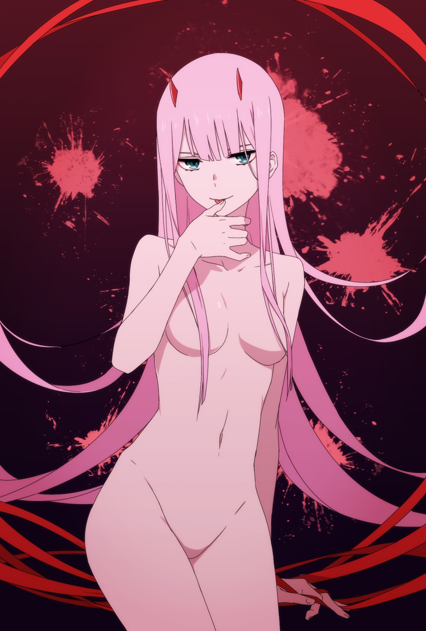 blue_eyes breasts canon_(aria) collarbone cowboy_shot darling_in_the_franxx floating_hair hair_censor hair_over_breasts highres horns long_hair looking_at_viewer medium_breasts navel no_pussy nude pink_hair red_ribbon ribbon solo standing tongue tongue_out very_long_hair zero_two_(darling_in_the_franxx)