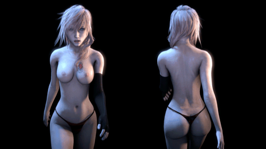 10s 1girl 3d animated animated_gif ass asymmetrical_hair back black_background black_glove black_thong blue_eyes bouncing_breasts breast_tattoo breasts censored chest_tattoo comparison female final_fantasy final_fantasy_xiii fingerless_glove glove jiggle lightning_farron long_hair looking_at_viewer medium_breasts navel nipples pink_hair simple_background solo square_enix staring tattoo thong topless walking