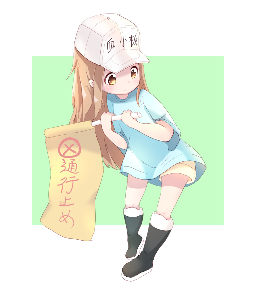 black_footwear blue_shirt boots brown_eyes brown_shorts character_name closed_mouth commentary_request flag flat_cap green_background hands_up hat hataraku_saibou highres holding holding_flag knee_boots light_brown_hair long_hair looking_away looking_to_the_side platelet_(hataraku_saibou) rubber_boots shiro_hakuchou shirt short_shorts short_sleeves shorts solo standing two-tone_background very_long_hair white_background white_hat